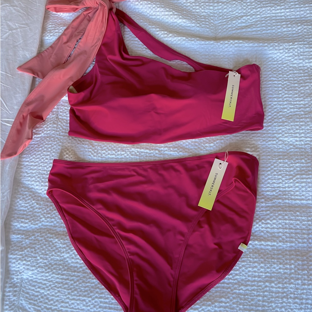 Summer Salt Bow-Shoulder Ruched Bikini Top & bottoms in Spritz & Carnation #NWT